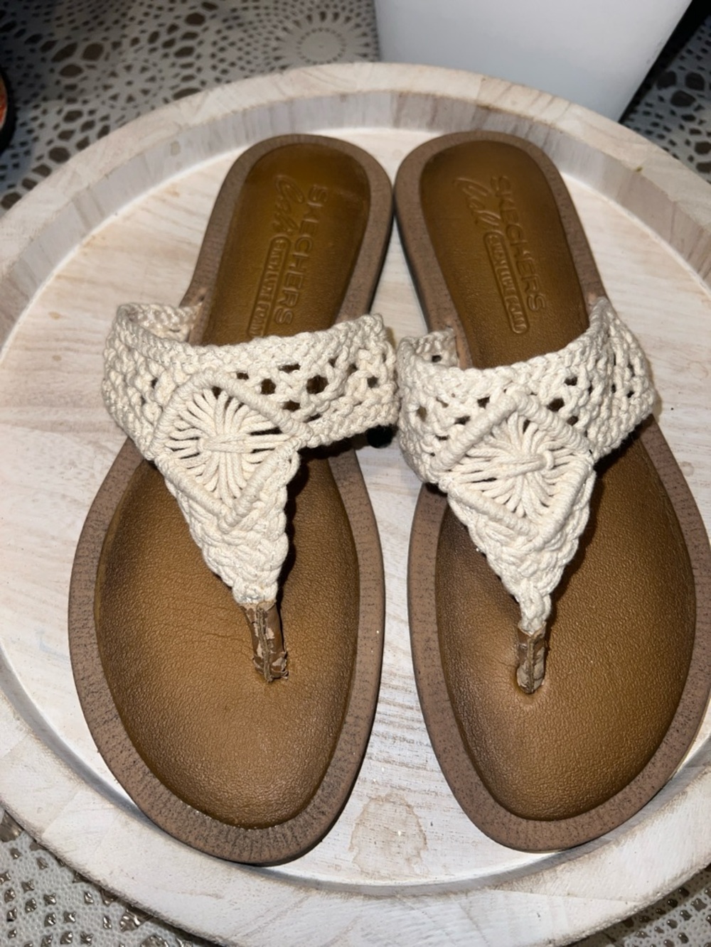 Skechers Cream Crochet Thong Sandals
